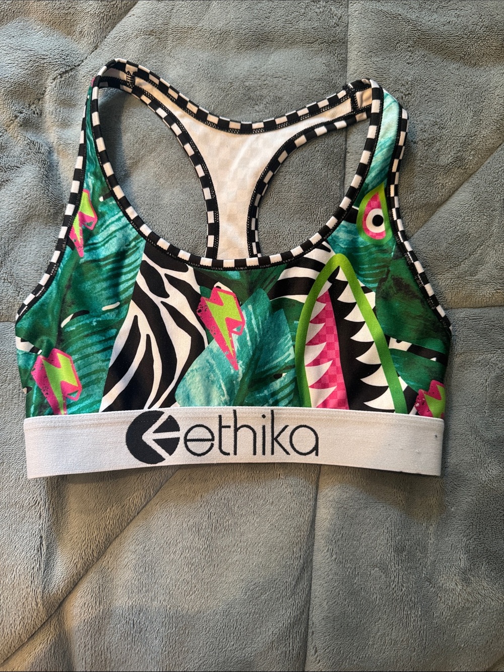 ethika Green Tropical Shark-Print Sports bra with Pink Accents